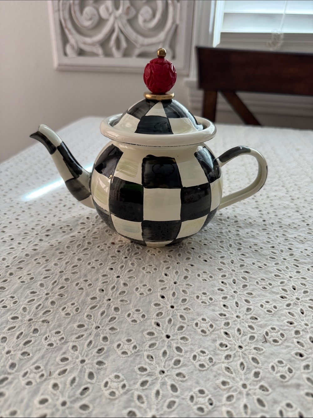 MacKenzie-Childs Black and White Checkered Teapot with Red Finial- 3 cup